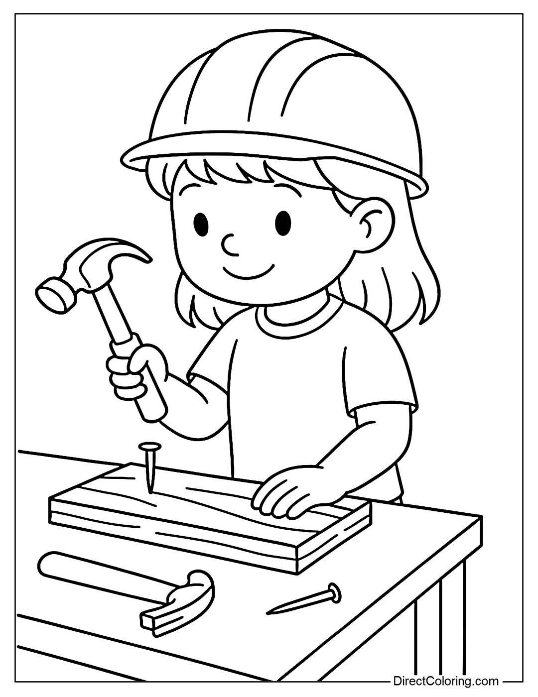 Coloring page of a girl wearing a hard hat, hammering nails into a piece of wood on a workbench.